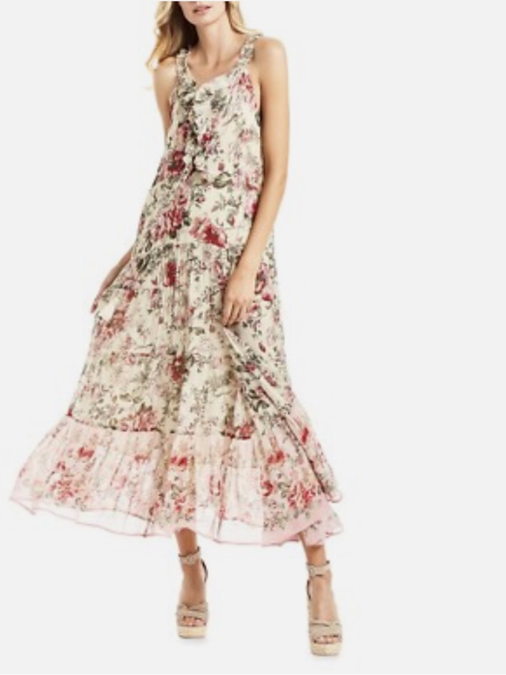 SECRET MISSION Emmeline Ruffle-Trim 100% Silk Maxi Dress Size Medium